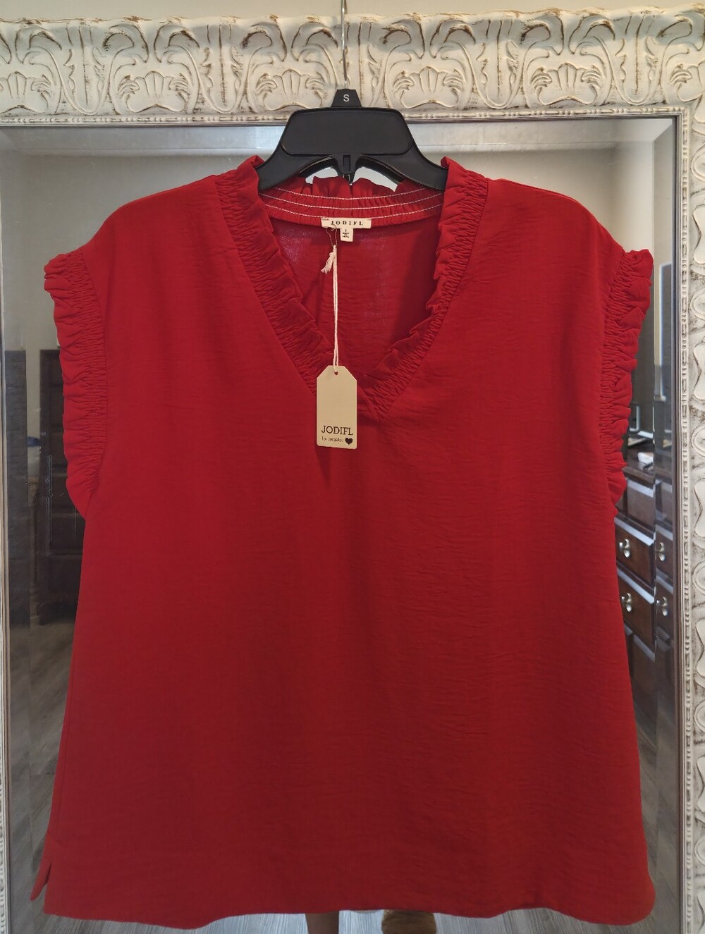 Red Ruffled V-Neck Top